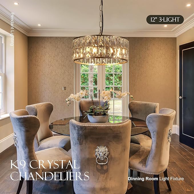 12” 3-Light Modern Crystal Chandeliers Nickel Dinning Room Light Fixture, Round Pendant Light Kitchen Island Chandelier, Flush Mount Ceiling Light for Living Room Entryway Bedroom Foyer