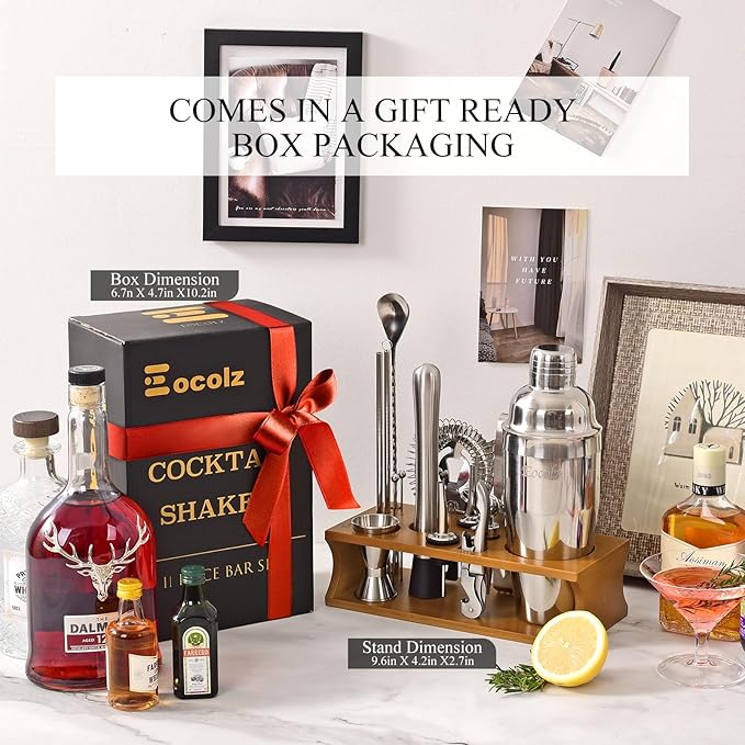 Bartender Kit Cocktail Shaker Set with Stand Bar Tool Bar Set for Drink Mixing Home Bartending Kit 17-Piece Bar Cart Accessories: Martini Shaker, Mixer Spoon, Jigger, Muddler, Strainer & Recipes Gifts