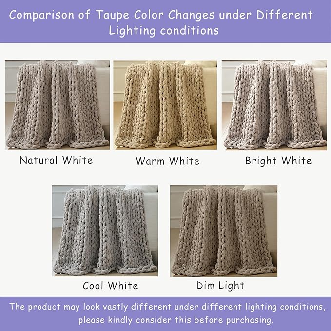 Bigacogo Chunky Knit Throw Blanket for Couch, 51x63 inches, 100% Hand Knitted with Thick Jumbo Chenille Yarn, Cozy Soft Large Rope Knot Cable Crochet Blankets for Sofa Bed Living Room, Taupe