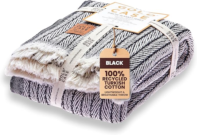Gold Case Throw Blanket for Couch – 100% Recycled Turkish Cotton Blankets & Throws – Elegant Decorative Throw Blankets for Living Room Sofa – Woven Throws for Couch – Retro Black – 50x60