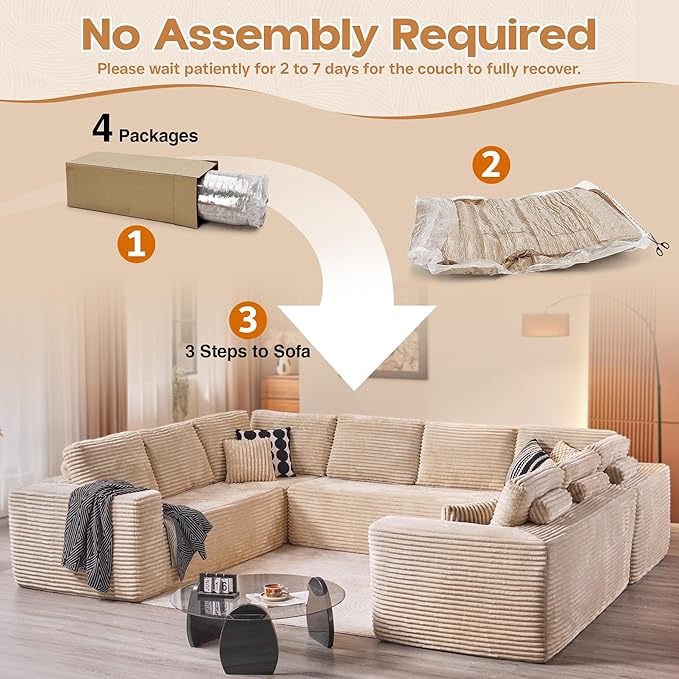 Cloud Sectional Couches for Living Room,U Shaped Modular Sofas No Assembly,135x107 Inches Plush Corduroy Oversized Floor Couch Set with Deep Seat Chaise,Beige