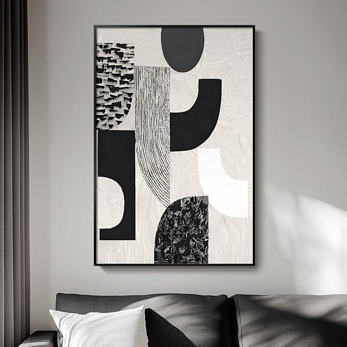 Framed Black and White Abstract Wall Art, Modern Minimalist Canvas Prints Paintings Artwork for Walls, Geometric Pictures for Living Room Dining Room Bedroom Office Bathroom Wall Decor 24x36 In