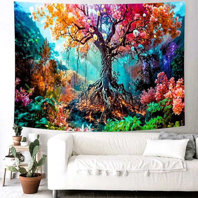 Delur Forest Tapestry Tree of Life Fantasy Tropical Rainforest Tapestry Wall Hanging Colorful Nature Mystical Landscape Psychedelic Spiritual Headboard for Bedroom Living Room Home Decor (51.2" x 59.1")