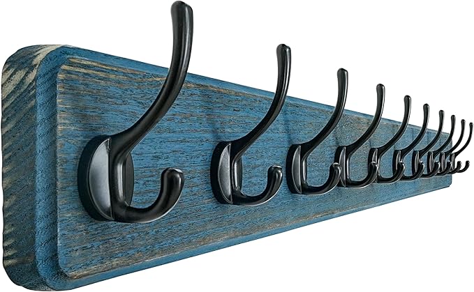 Dseap Coat Rack Wall: 38-1/4" Long, Patented, Heavy-Duty, 10-Double-Hooks Wooden Wall Mounted Coat Rack Coat Hanger Hook Rail for Winter Coats Hat Jacket Clothing, Weathered Blue