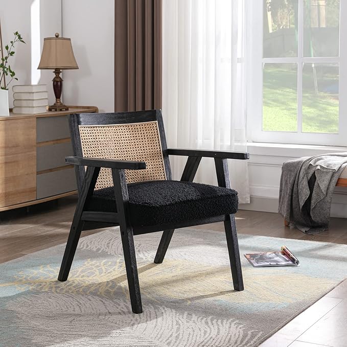 Accent Rattan Chair, Faux Fur Upholstered Living Room Chairs with Cane Back, Retro Mid Century Modern Cane Chair Armchair for Reception Reading Indoor Outdoor, Black