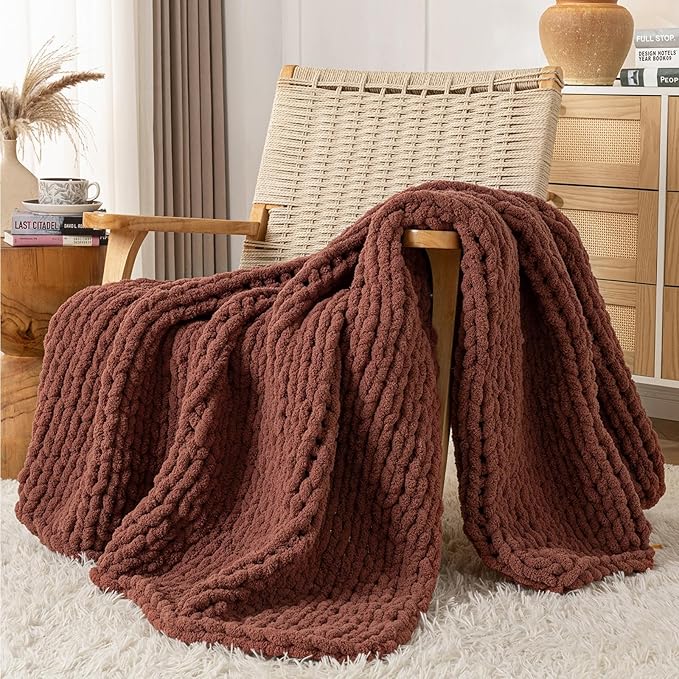 Chunky Knit Blanket Throw, 100% Hand Knit Throw Blanket Handmade Chenille Cable Knit Throw for Couch, Stylish Cozy Soft Rope Knot Crochet Blanket for Home Decor, Copper Brown, 50x60 Inches