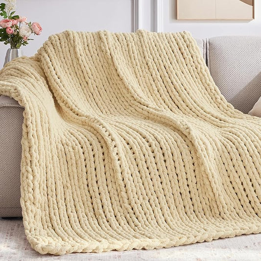 Chunky Knit Throw Blanket, 50''*60'' Knitted Throw Chenille Yarn for Bed Couch, Handmade Oatmeal Crochet Big Thick Blanket, Machine Washable Cute Comfy Blanket for Home Decor