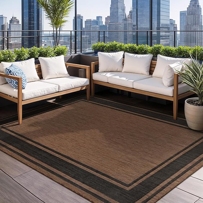 Beverly Rug Large Outdoor Rug 10x14 Modern Bordered Area Rugs for Indoor and Outdoor Patio Deck Porch Garden Waterproof Weather Sun Resistant Washable Outside Carpet (10 x 14 Gold)