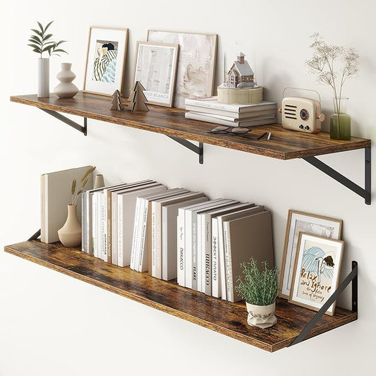 Fun Memories Deep Floating Shelves, 55W x 12D Floating Shelves for Wall, Wood Floating Shelf with Bracket, Wide Display & Storage Wall Shelves for Living Room, Bedroom, Rustic Brown