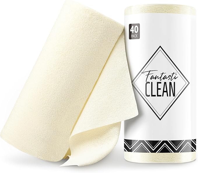 Fantasticlean Microfiber Cleaning Cloth Roll -40 Pack, Tear Away Microfiber Towels, 12" x 12", Reusable, Washable, Scratch Free, Ultra Absorbent Dish Rags for Car, Home, Garage or Shop (Beige)