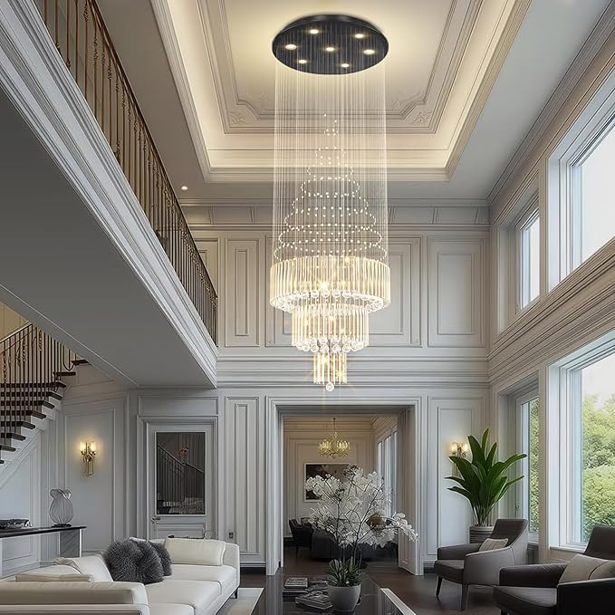 Flashing God D24''XH86'' Modern Foyer Chandelier for High Ceiling Raindrop Crystal Chandelier High Ceiling Pendant Light Fixture for Hallway Living Room (Black Staircase Chandeliers)