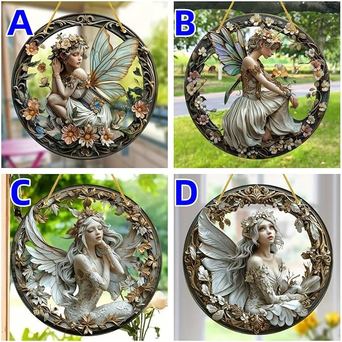 Flower Fairy Garden Decorations Angel Wing Christmas Halloween Deco Statue Art Elf Sculpture Hanging Craft for Outdoor Yard Courtyard Lawn Patio Window Acrylic Ornament Home Gift (C,L: 8*8 IN)