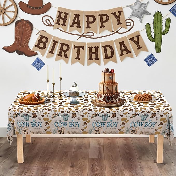 ATFUNSHOP Cowboy Baby Shower Tablecloth 4 Pack 54X108 A Little Cowboy is On The Way Western Theme Table Cover, Rustic Baby Boy Rodeo Party Decorations