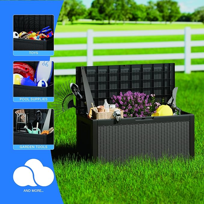 100 Gallon Double-Wall Resin Deck Box - Lockable Waterproof Outdoor Storage Box, 1000lbs Capacity & Doubles as Seating for Patio Furniture - Garden Tools, Pool Accessories (Black)