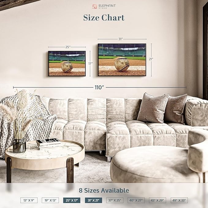 ElephantStock Baseball In Stadium Wall Art - Horizontal Framed Canvas - 1-Piece Living Room Wall Decor - Car Photography Canvas Print - Brown and Beige Decor for Wall - 25" X 17"
