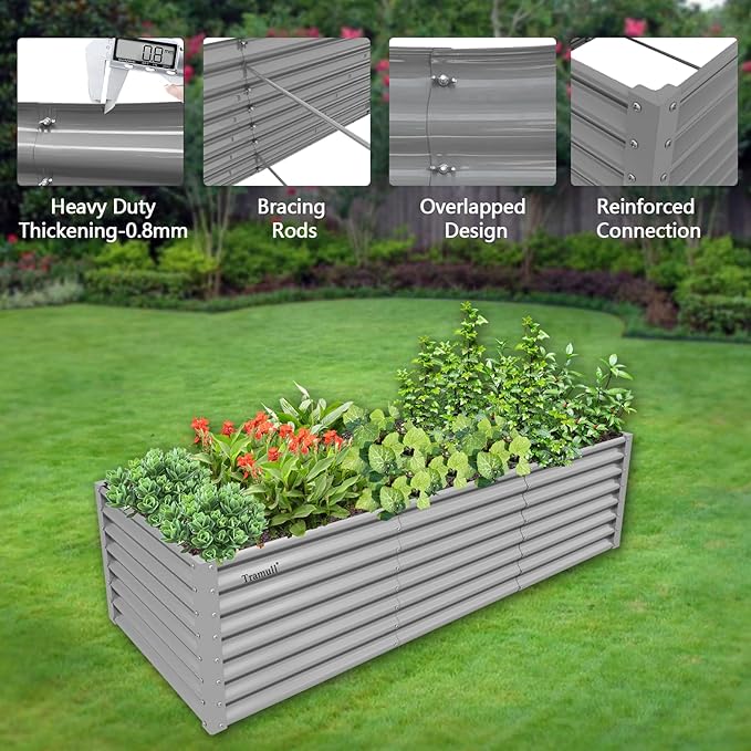 1 Pack 8x3x2FT Galvanized Raised Garden Bed Kit Retangular Metal Ground Planter Box Outdoor Bottomless Planter Raised Beds for Vegetables Flowers Herbs Fruits, Gray