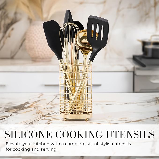 Black and Gold Kitchen Utensils Set - 23-Piece Luxury Kitchen Accessories Includes Gold Measuring Cups, Spoons, Silicone Cooking Utensils and Tools for Baking, Cooking, and Stylish Kitchen Decor