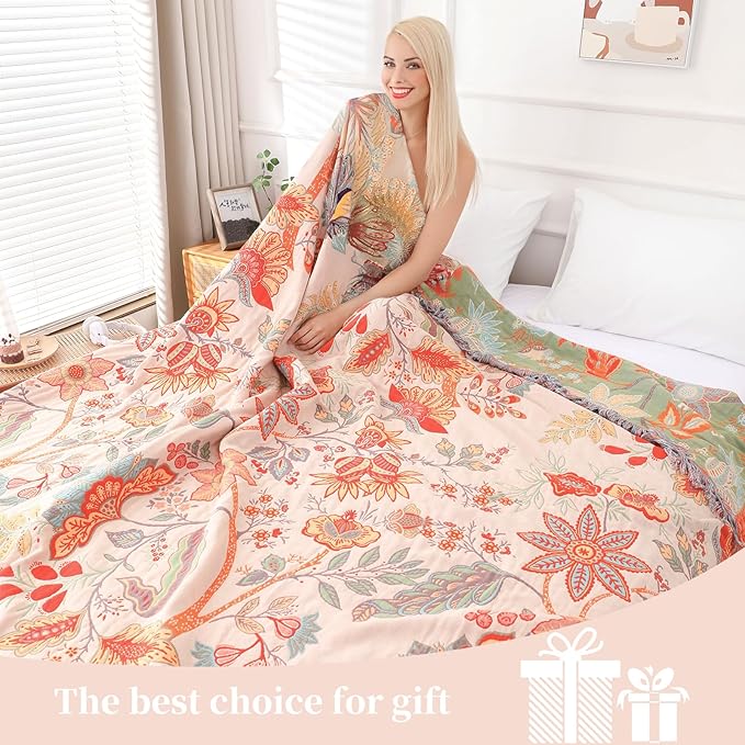 Boho Throw Blanket for Bed - 100% Pure Cotton Ultra Soft Rustic Quilt - Farmhouse Decor Bed Blankets, All Season Rustic Throw for Sofa Couch Chair(91''x 98'', Floral)