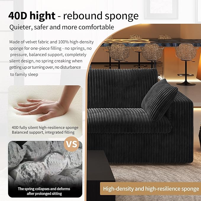 118" 3-Seater Cloud Sofa,Modular Sectional Couch,Modern Deep Seat Upholstered Couches with Plush Corduroy Fabric for Living Room Furniture,Bedroom and Apartment,No Assembly Required,Black