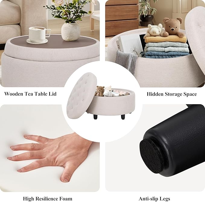 COLAMY Fabric Round Storage Ottoman with Reversible Tray Lid – Multi-Functional Footrest, Hidden Storage, Sturdy & Stylish Small Coffee Table for Living Room, Bedroom, or Entryway(Beige)