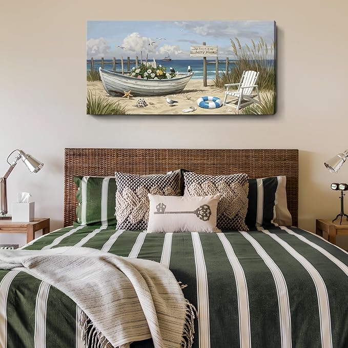 amatop Large Coastal Wall Art Nautical Beach Canvas Art Print Flower-Filled Boat on Sand Ocean Waves Seaside Seascape ArtworkSea Birds Marine Picture Home Decor for Living Room Bedroom Office 48×24 Inch