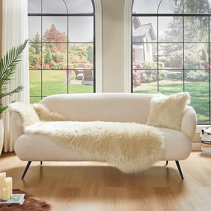 AMTOVO Faux Sheepskin Rug, Beige Ultra Soft Fluffy Shag Area Rug, 2 x 6 ft Faux Fur Rug for Bedroom Sofa Throw Cushion Room Decor, Sheepskin