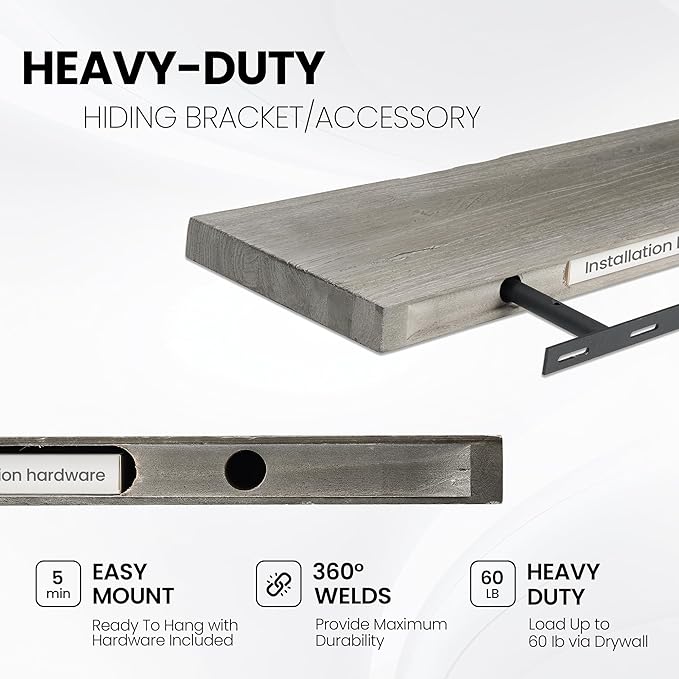 Fun Memories Floating Shelves for Wall, 48"x9.3" Rustic Solid Live-Edge Elm Wood Wall Shelves, Heavy-Duty Floating Shelves with Invisible Brackets for Living Room, Bedroom, and Kitchen, Grey Finish