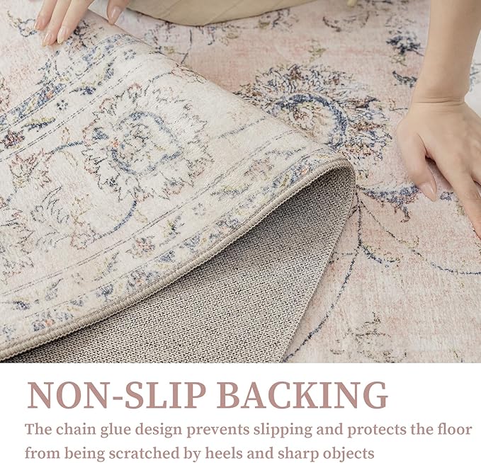 2'x3' Vintage Floral Rug - Persian Inspired Low-Pile Faux Wool Area Rug, Non-Slip Washable Small Rug for Bedroom, Nursery, Dorm, Soft Pink Boho Chic Decor