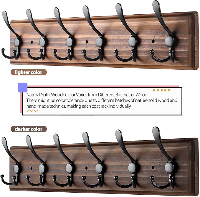Coat Rack Wall Mount, Wooden Heavy Duty Coat Rack for Wall,6 Triple Coat Hanger Hooks for Hanging Coats,Jacket,Hat,Clothes (Brown, 6 Hooks)