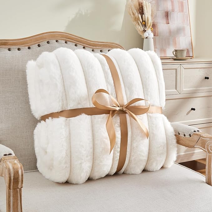BEDELITE Faux Fur Throw Blanket for Couch, Soft and Cozy Luxurious 3D Striped Fluffy Blanket, 770GSM Thick Warm Plush Fuzzy Faux Rabbit Fur Blanket for Women Gift (Cream, 60"x 80")