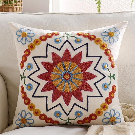 Embroidered Throw Pillow Cover 20x20 Classic Fall Boho Floral Pattern Pillows Cover Outdoor Decorative Pillowcase,Durable Cozy Textured Cushion Case for Sofa Couch Bed Living Room,Orange