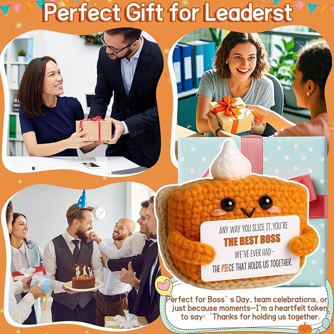 Crochet Pumpkin Pie Gift Idea for Boss – Funny Handmade Appreciation Plush with card “Best Boss” – Farewell Gifts for Women Men, Office Desk Decor, Mini Thank You Token for Manager, Supervisor, Leader