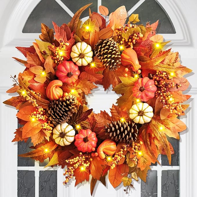 Fall Decor - Fall Wreaths for Front Door Outside, 2 Pack 20 Inch Fall Door Wreath, Handcrafted Autumn Wreath with Colorful Pumpkins Maple Leaves, Fall Decorations for Home Door Wall Thanksgiving Decor