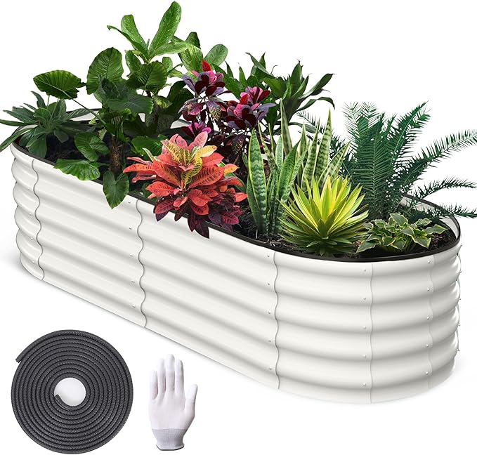 2 Pcs 6x3x1.5ft Oval Raised Garden Bed, Galvanized Raised Beds,Open-Ended Base Metal Raised Planter Beds,Garden Bed Outdoor,Planter Raised Boxes for Vegetables, Flowers,Tool-Free Asse,White