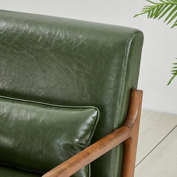 Glitzhome Mid Century Hunter Green Accent Armchair, Single Reading Armchair PU Leather Lounge Chair with Walnut Ruberwood Frame