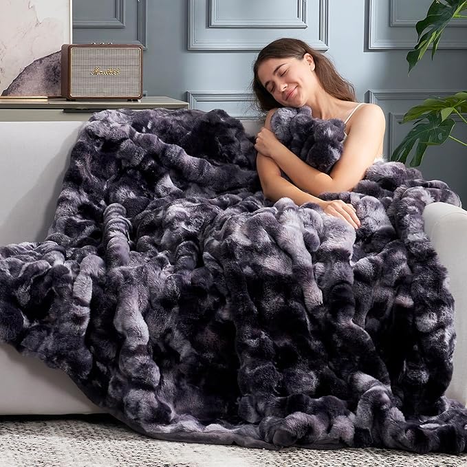 Cozy Bliss Faux Fur Throw Blanket for Couch, Fuzzy Soft Plush Thick Bubble Blanket for Sofa Bedroom Living Room, 60 * 80 Inches Tie Dye Black