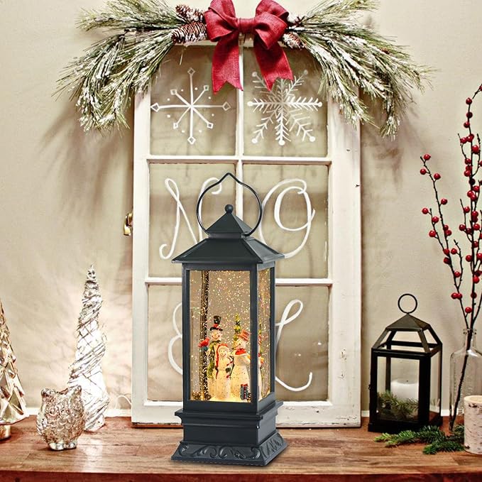 Eldnacele Singing Battery Operated Musical Lighted Christmas Snowman Water Glittering Swirling Snow Globe Lantern with Music Christmas Home Decoration and Gift, Snowman Family