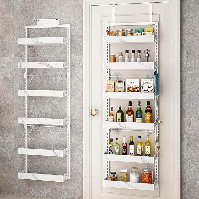 bukfen Over the Door Pantry Organizer, 6-Tier Adjustable Basket Kitchen Pantry Door Organization and Storage, Heavy-Duty Metal Hanging Kitchen Spice Rack,D6.3 x W17.32 x H50.60 inch,White Marble Color