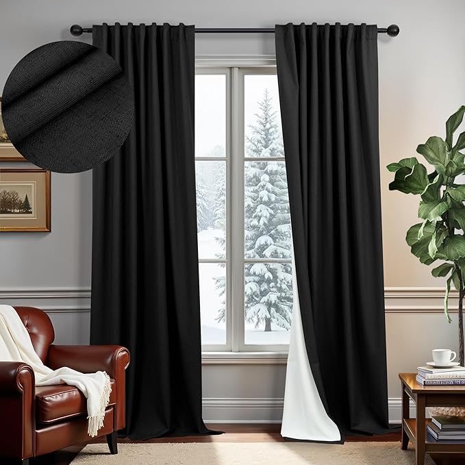 Black Blackout Curtains 84 Inches Long 100% Black Out Linen Farmhouse Light Blocking Curtain for Bedroom Living Room Darkening Back Tab Thermal Insulated Drapes Sliding Glass Door 7ft Length 2 Panel