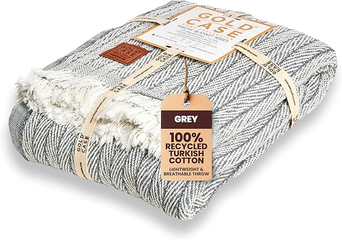 Gold Case Throw Blanket for Couch – 100% Recycled Turkish Cotton Blankets & Throws – Elegant Decorative Throw Blankets for Living Room Sofa – Woven Throws for Couch – Vintage Grey– 60x80