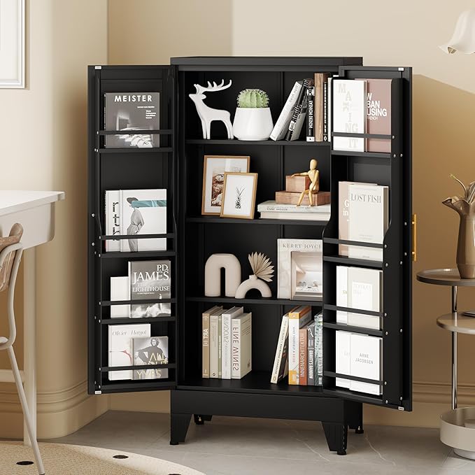 51" Metal Kitchen Pantry Cabinet, Storage Cabinets with 2 Door and 3 Adjustable Shelves, Black Freestanding Food Storage Cabinet, Steel Cupboard for Kitchen Dinning Room