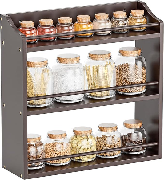 3 Tier Bamboo Wood Spice Rack, Seasoning Bottles Jars Organizer Shelf for Spices or Craft Supplies, Kitchen Counter or Wall Mounting (Brown)