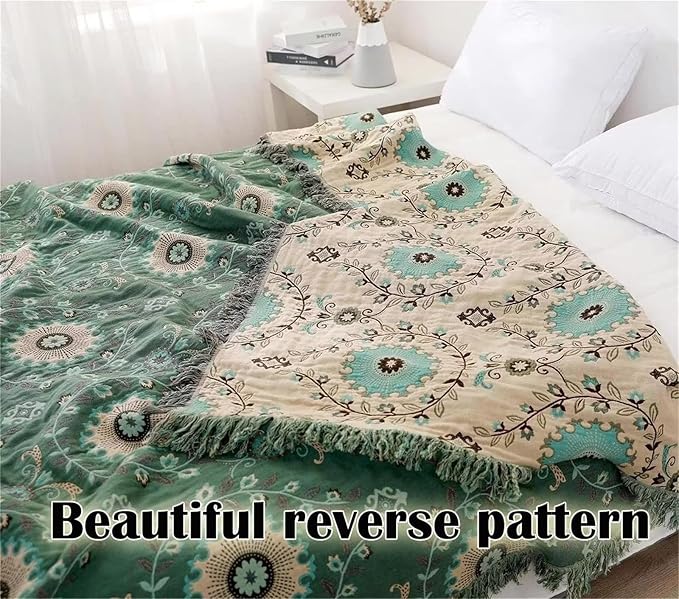Boho Throw Blanket for Chair Couch Bed 90''x 98'', 100% Cotton Quilt Floral Mexican Blanket Muslin Gauze Blankets Super Soft Lightweight Versatile KnitWoven Bed Blanket for Home Decor