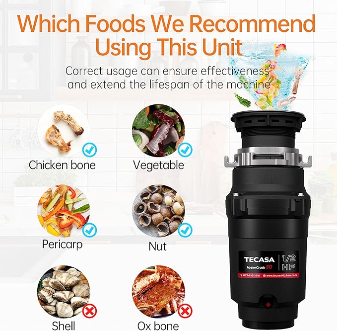 1/2 HP Garbage Disposals, TECASA Continuous Feed, Stainless Steel Food Waste Grinding System for Kitchen Sink Food Waste, Power Cord Included, Black - HyperCrush 50
