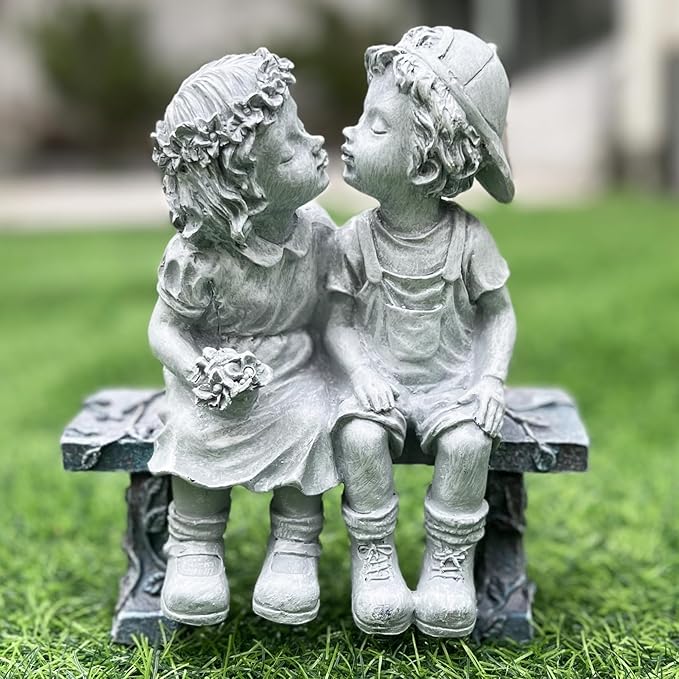 Elenon Boy and Girl Garden Statue Outdoor Decorative, Couple First Kiss Garden Sculpture for Yard Patio Art Flower Bed Decoration, 8 1/4" L x 4 3/4" W x 9" H