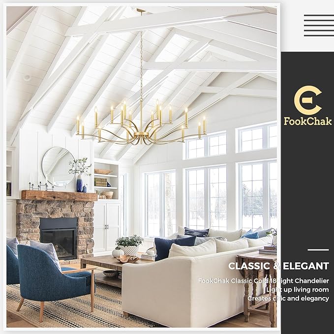 18 Light Gold Living Room Chandelier High Ceiling Foyer Candle Chandelier Large Modern Brass 59in Metal Chandeliers Hanging Light for Master Bedroom Dining Room Light Fixture Over Table