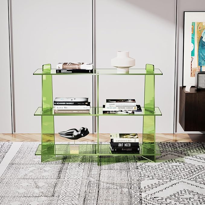 Acrylic Bookshelf, Small 3 Tier Open Bookcase for Small Spaces,Sofa Table, Hallway Entry Table for Home Living Room (Green, 39.4'' x 11.8'' x 31.5'')