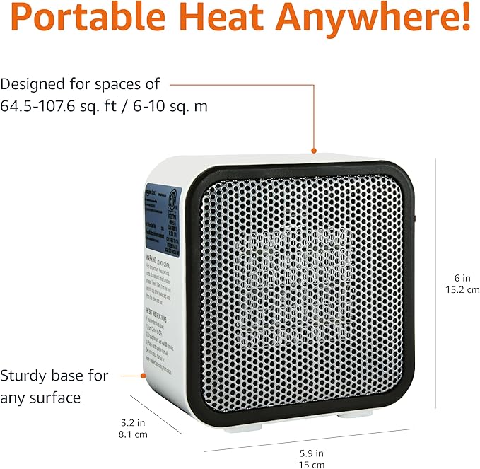 Amazon Basics Ceramic Space Heater, Mini Heater for Office Desk, 500 W, Portable Tent Heater for Camping (Indoor Use), With Tip-Over Protection, Lightweight (1.4 LBS), White, 5.9 x 3.2 x 6 inches