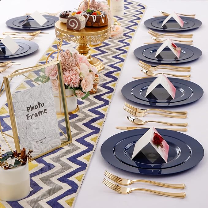 FLOWERCAT 60PCS Blue Plastic Plates - Heavy Duty Blue Plates Disposable (10.25" & 7.5") - serve for 30guest Birthday Party/Wedding/Father's Day/Memorial Day/Graduation