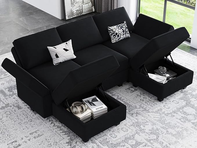 Belffin Modular Sectional Sofa with Double Chaise Velvet U Shaped Sofa Reversible Sectional Couch with Storage Black